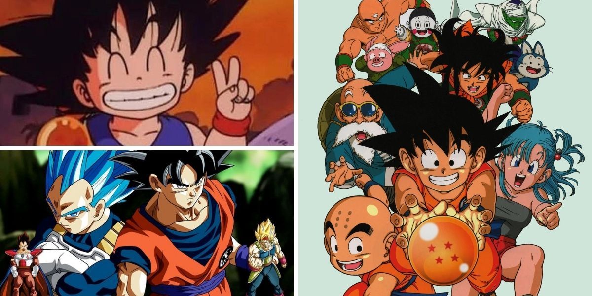 Top left image features a smiling Goku from Dragon Ball; bottom left image features an adult Goku and Vegeta from Dragon Ball; right image features a promo image for Dragon Ball