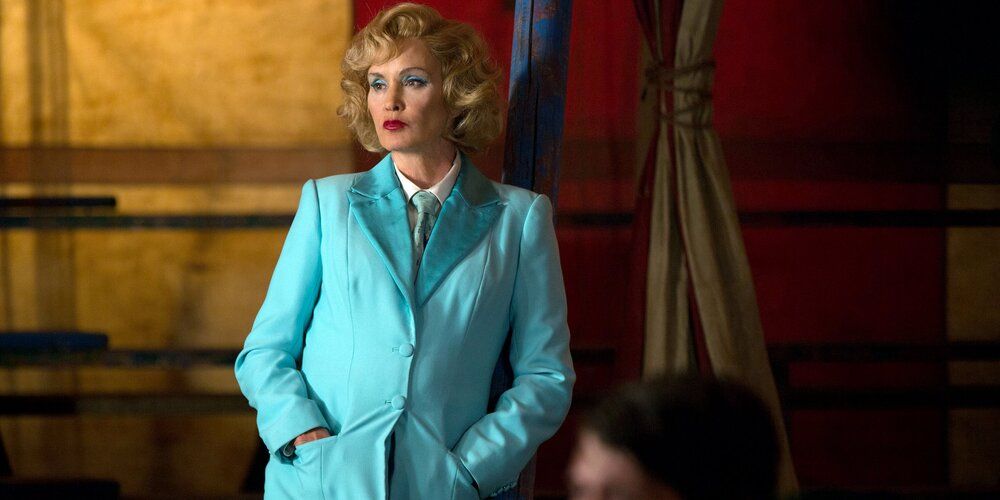 Jessica Lange as Elsa Mars in her blue suit on American Horror Story