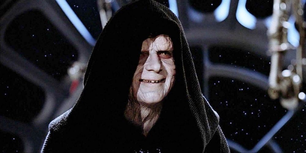 Emperor Palpatine in the second Death Star grinning with malice.