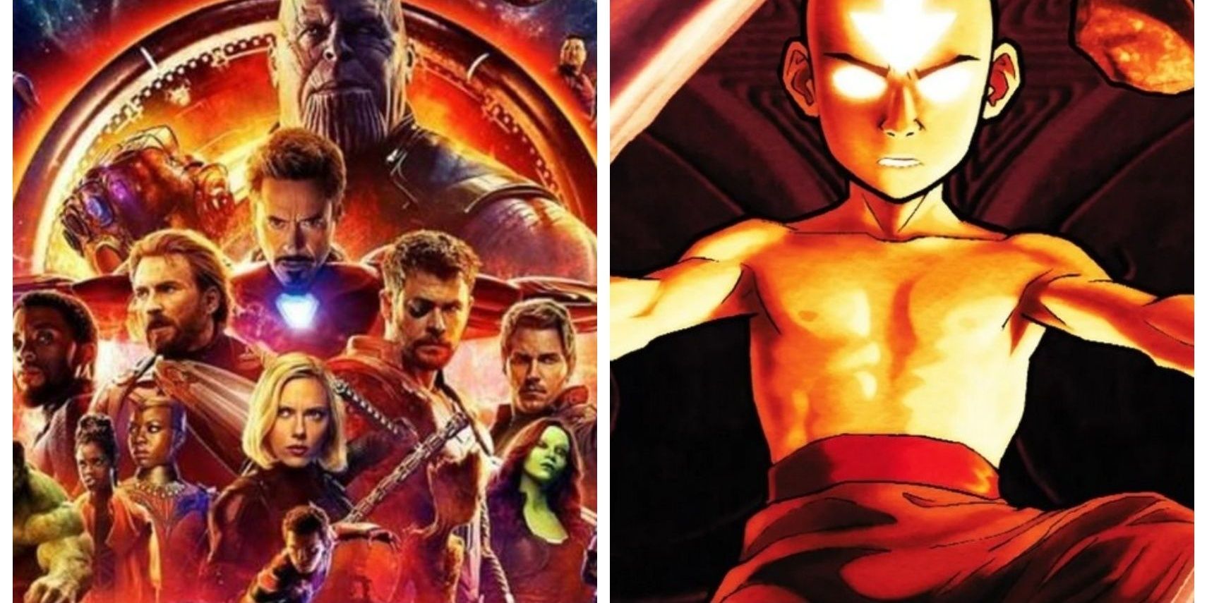 Endgame from MCU split with Aang from ATLA in the Avatar State