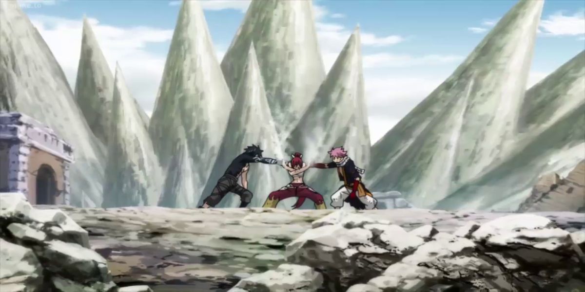 Erza stopping Natsu and Gray from attacking each other