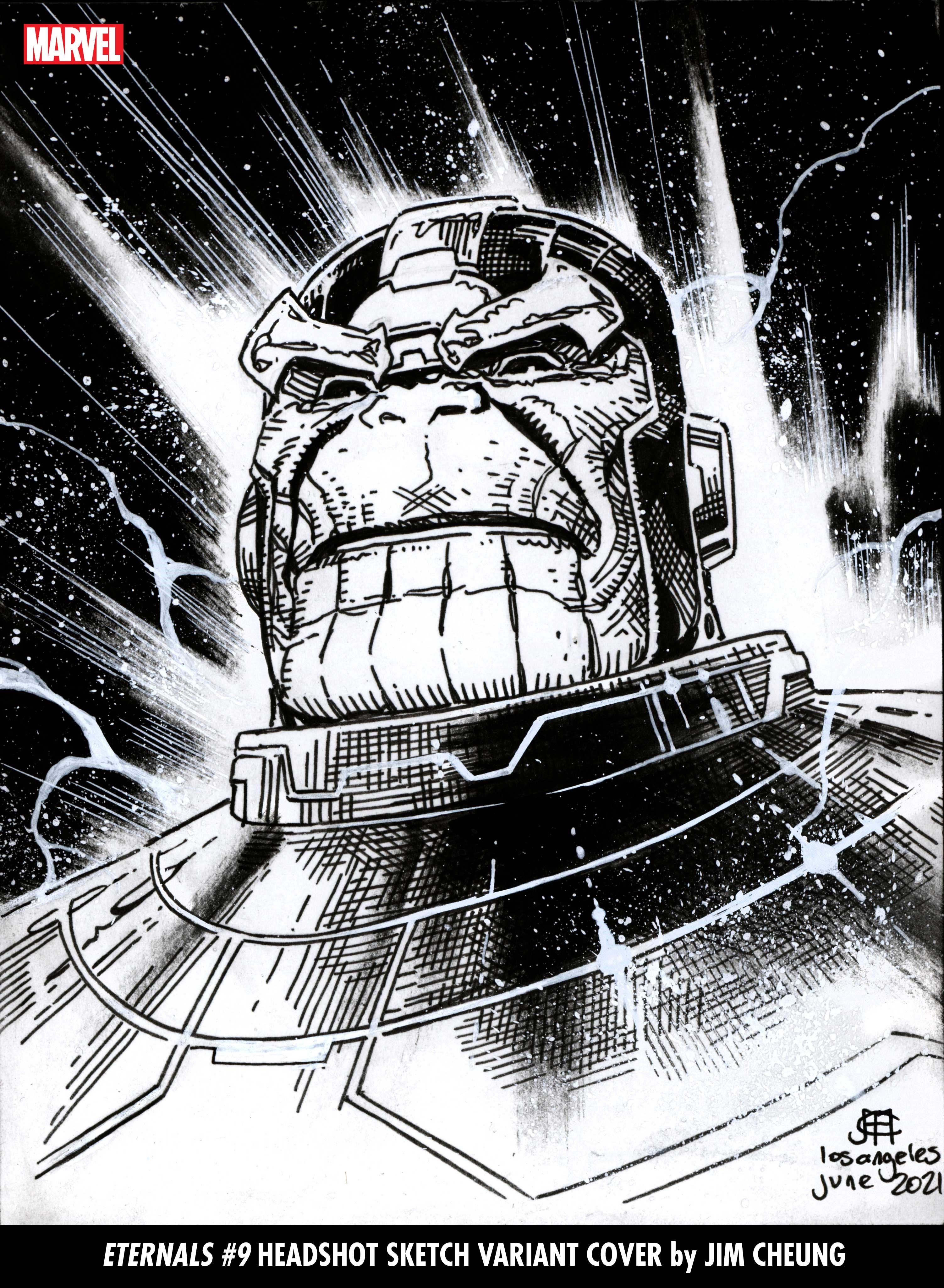 Black and white headshot cover of Thanos by Jim Cheung