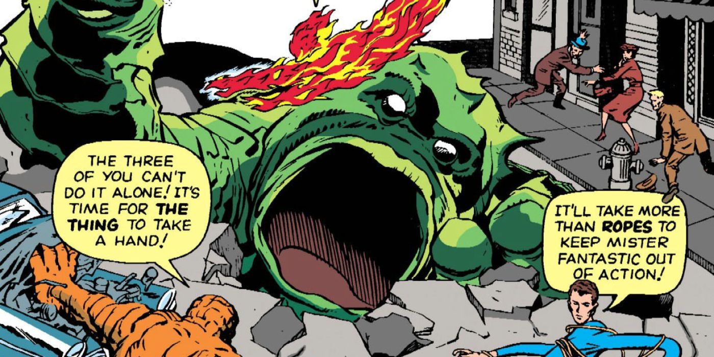 Fantastic Four battle a hulking monster on The Fantastic Four Issue 1 Cover.