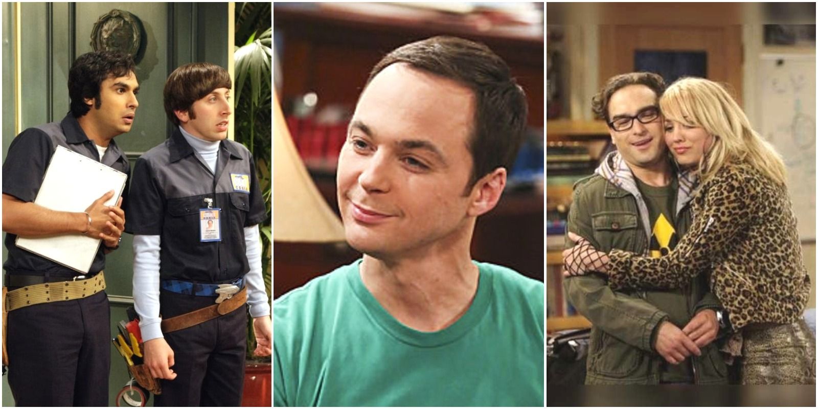 Raj and Howard at a model house, Sheldon, and Penny and Leonard embracing from the Big Bang Theory