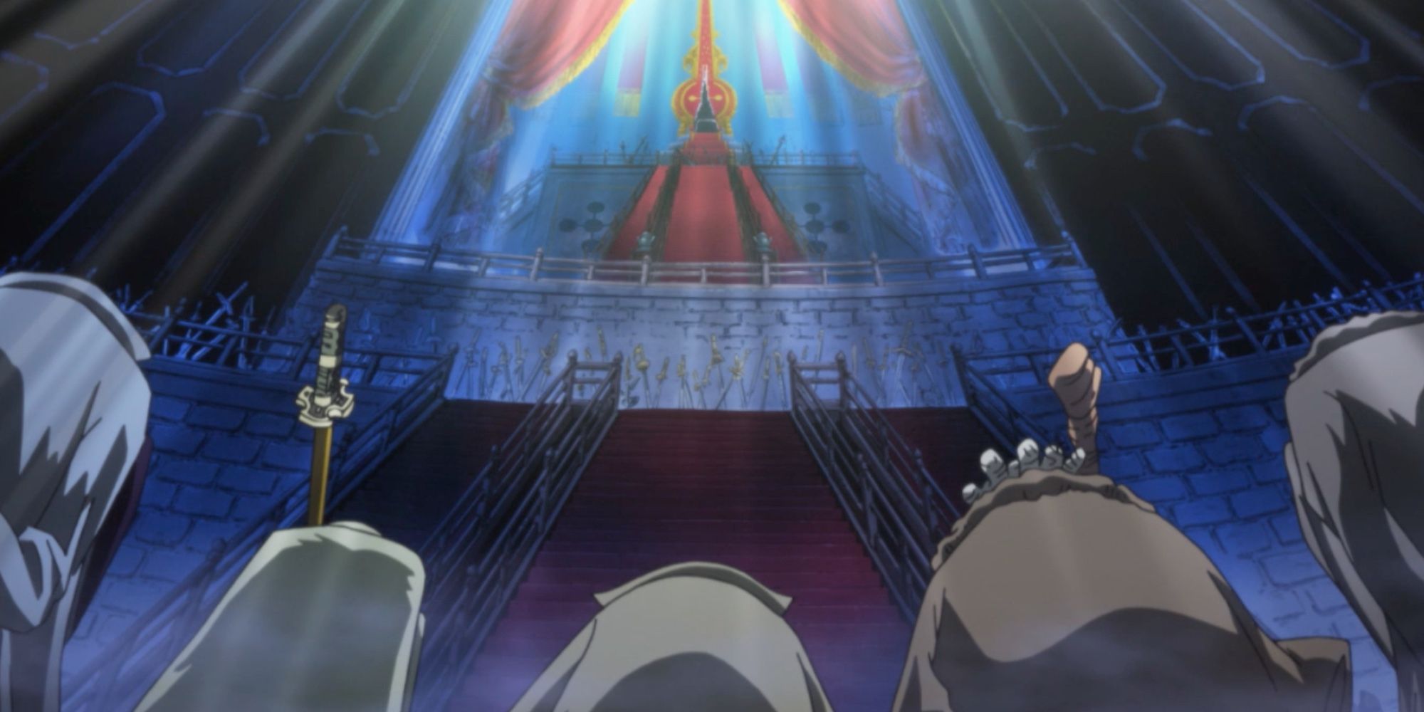 The Five Elder Stars kneeling before the secret ruler of the World Government, Imu, in One Piece
