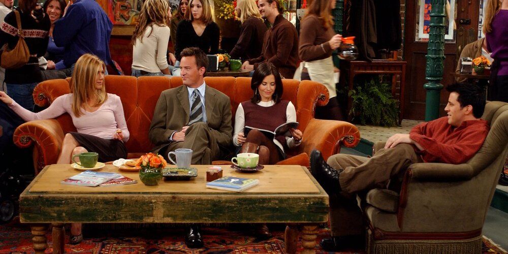 Chander, Monica, Rachel and Joey all get coffee at Central Perk friends