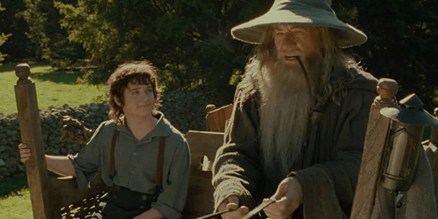 Gandalf (Ian McKellan) and Frodo (Elijah Wood) ride a car through the Shire from The Lord of the Rings