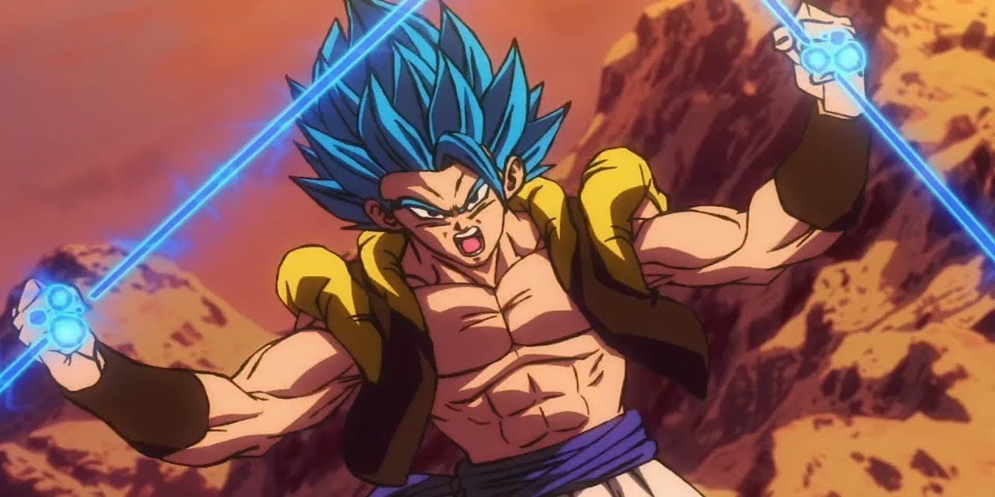 Super Saiyan Blue Gogeta from Dragon Ball Super: Broly prepares a deadly energy attack