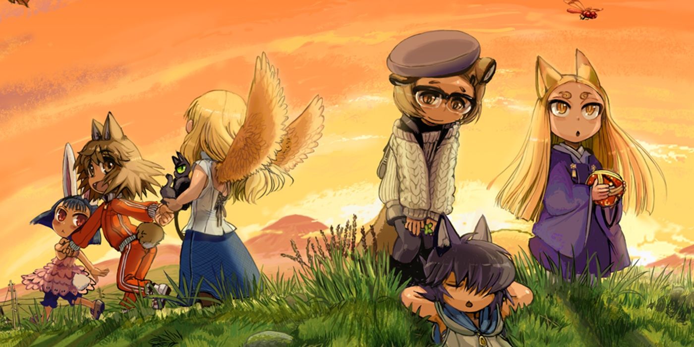 Art for Golden Sky stories showing animal people in a field at sunset 