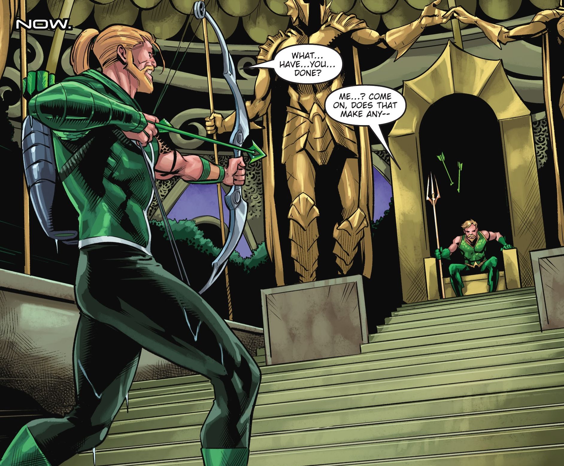 Green Arrow aims at Aquaman on his throne