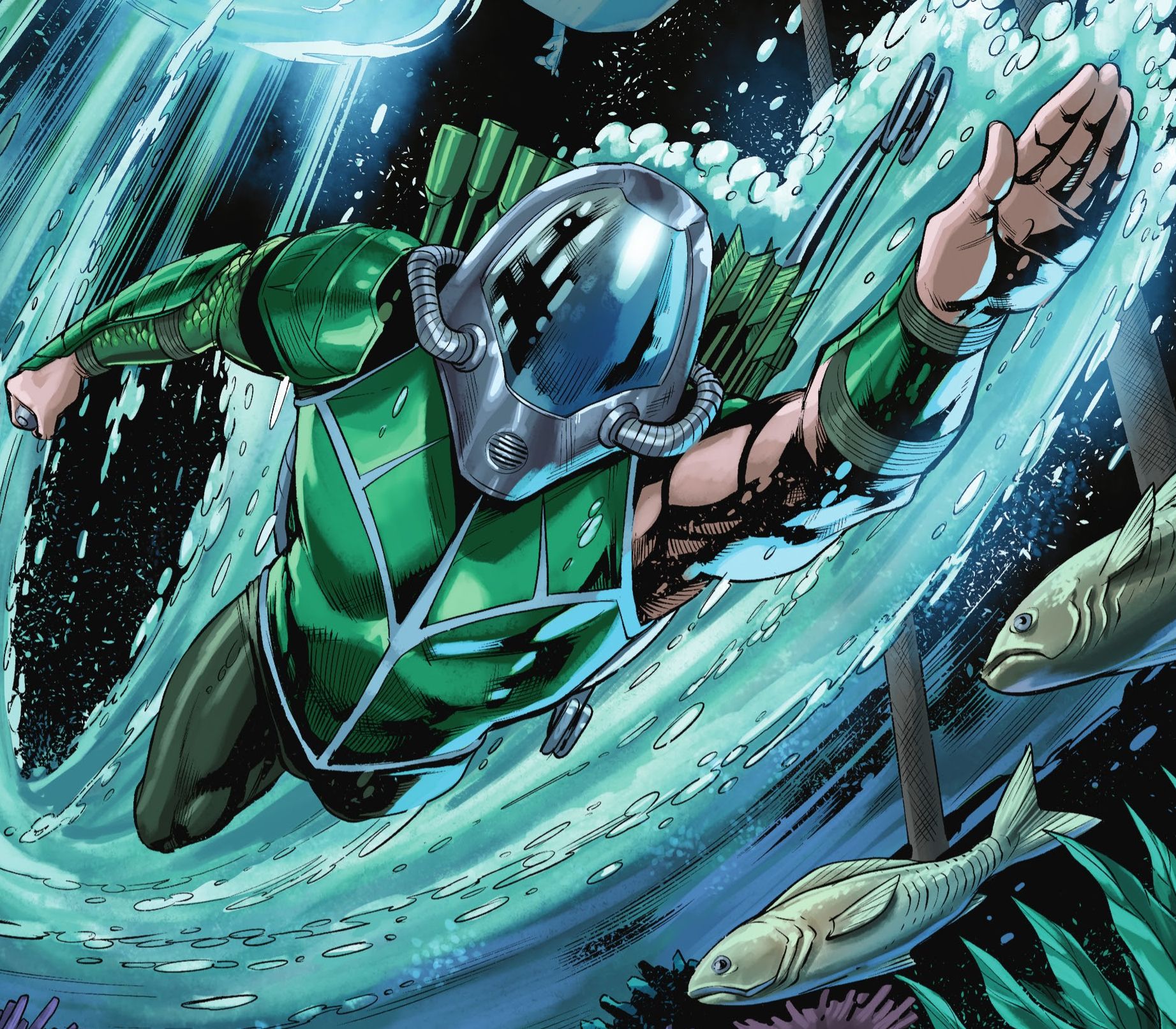 Arthur CUrry, as the Green Arrow, swims to Atlantis