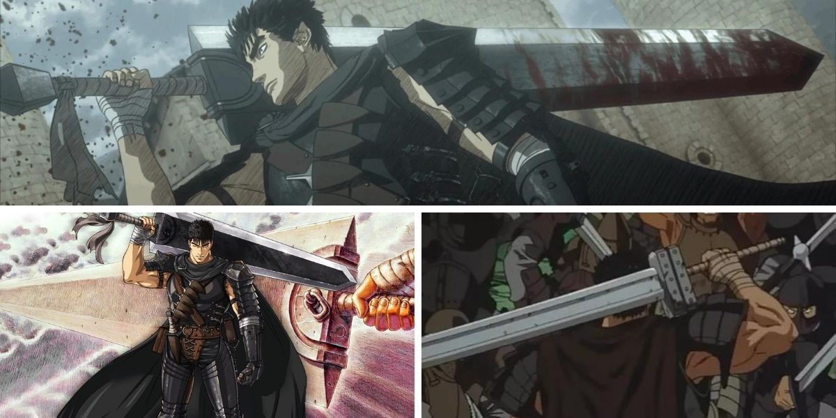 Images feature Guts from Berserk holding his sword, Dragon Slayer, on his shoulder