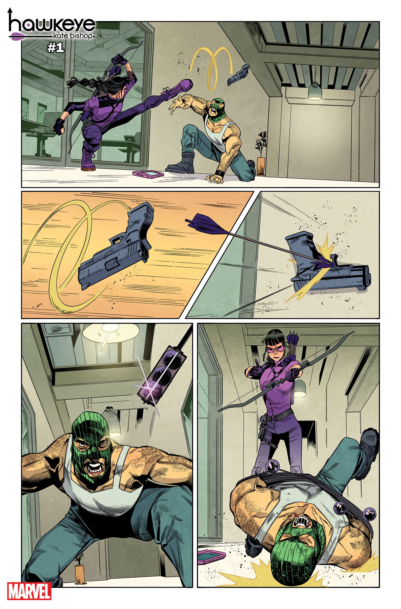 Kate Bishop ensnares the gunman with a bola arrow.