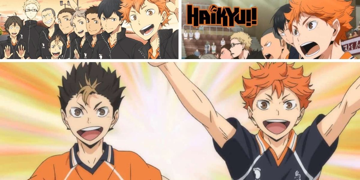 Top left and right images feature promo images of the Karasuno High School volleyball team from Haikyū!!; bottom image features Shoyo Hinata and Yū Nishinoya cheering from Haikyū!!