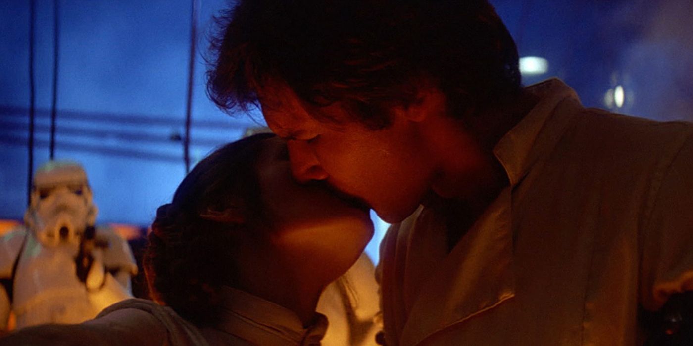 Han and Leia kissing during The Empire Strikes Back