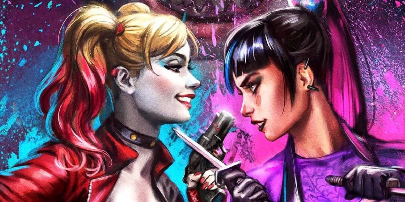 Harley Quinn and Punchline with Joker in the background in DC Comics
