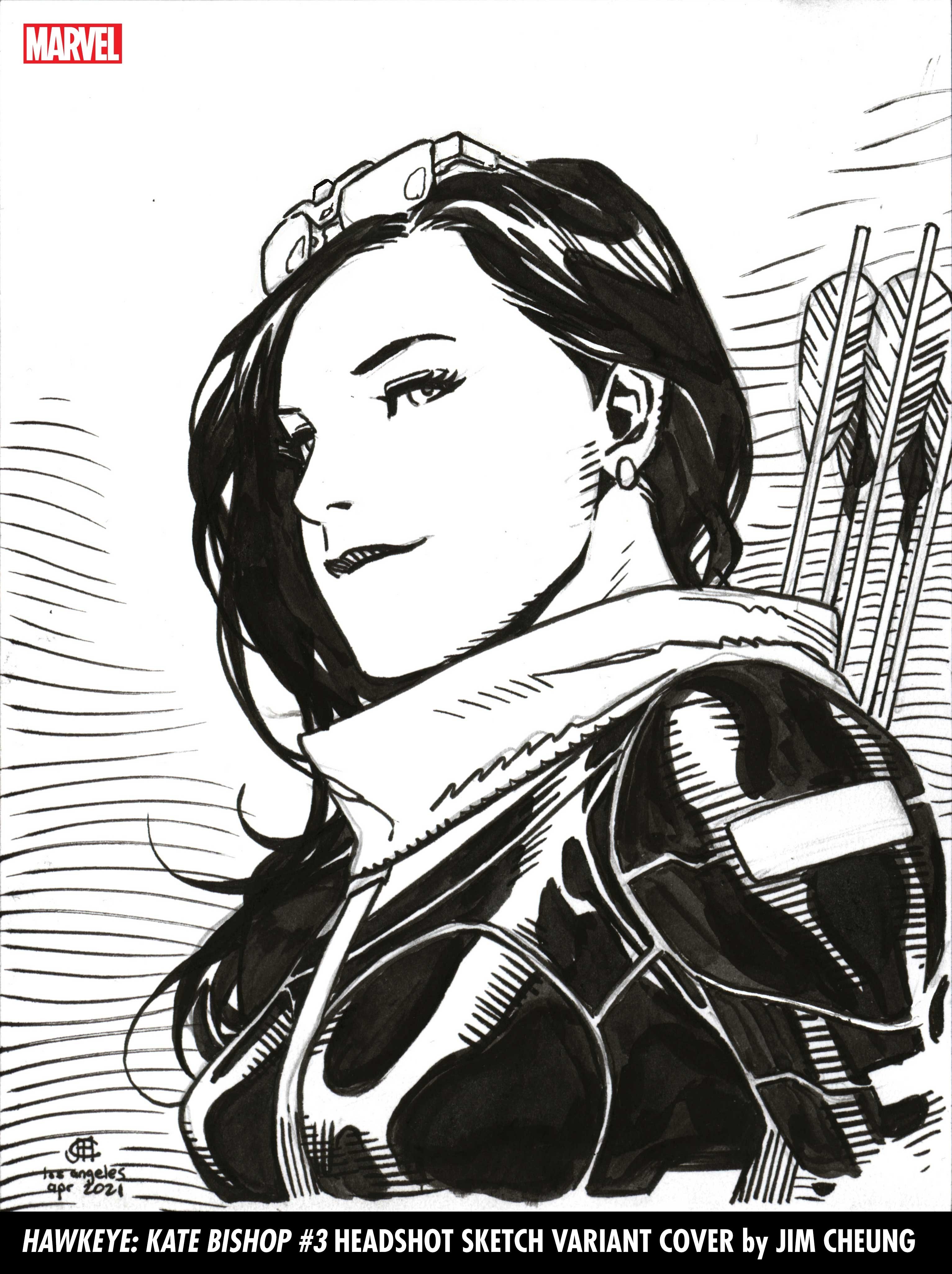 Black and white headshot cover of Kate Bishop by Jim Cheung