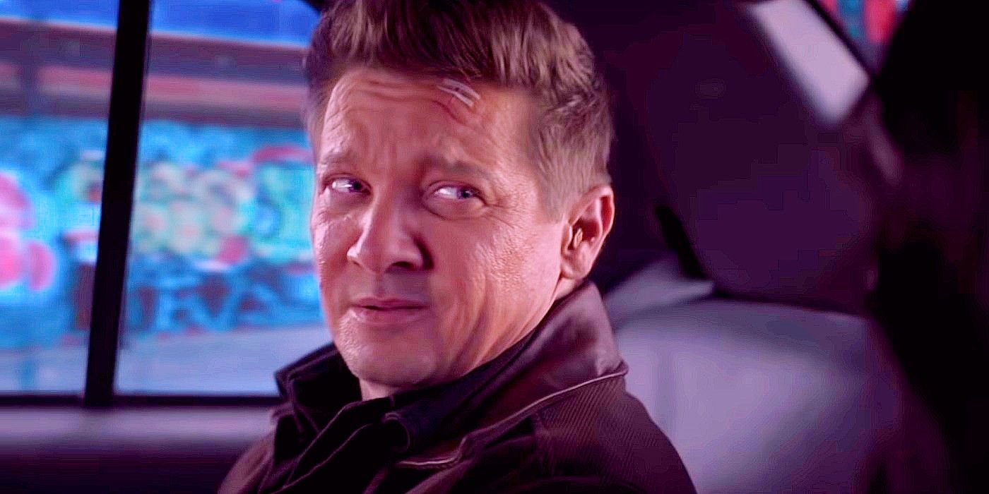 Jeremy Renner as Hawkeye wearing a hearing aid in his Disney Plus series