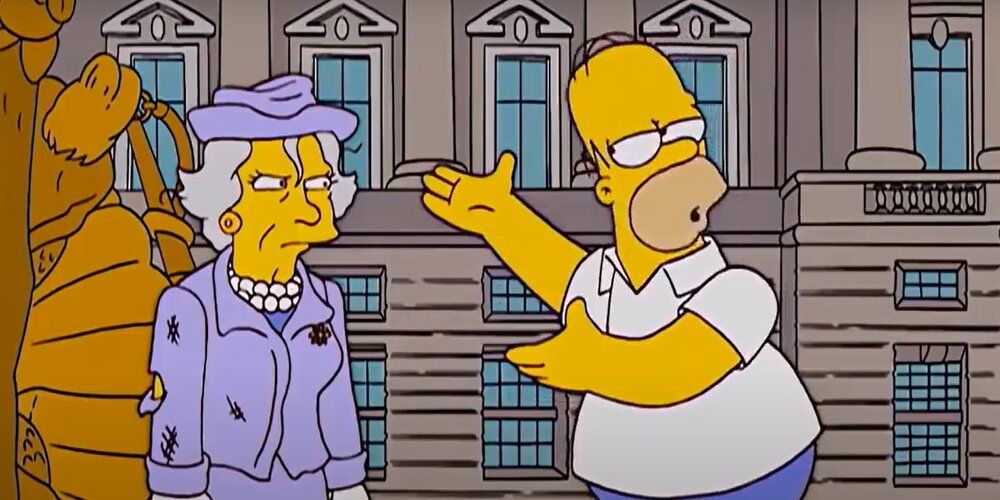 Homer speaks to the Queen after hittng her carriage in the Simpsons