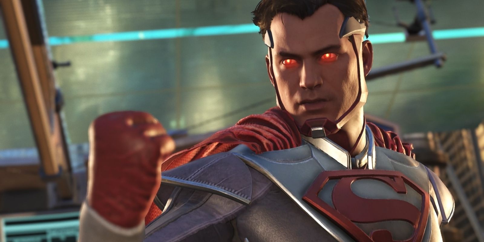 Superman, with red eyes and a clenched fist, in Injustice 2