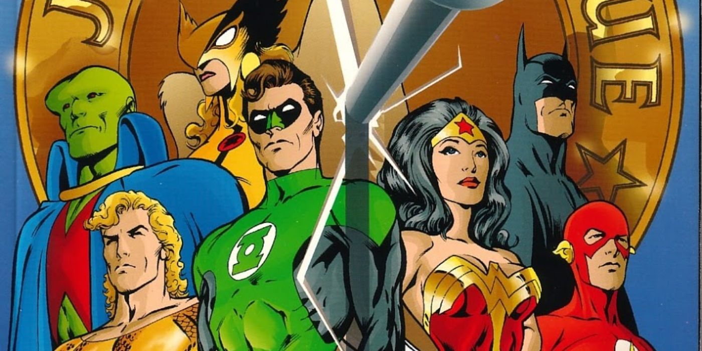Uma imagem de quadrinhos representando a Liga da Justiça em JLA: The Nail