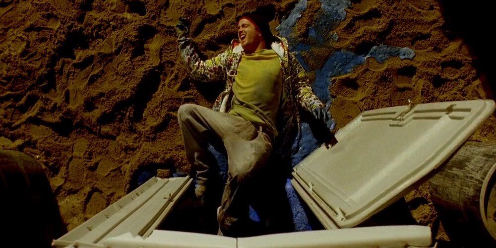 Jesse jumps through and breaks a portaloo in Breaking Bad.
