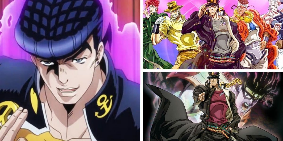 Left image features Josuke Higashikata from JoJo's Bizarre Adventure Season 4; top right image features Jotaro Kujo and the other characters from JoJo's Bizarre Adventure Season 3; bottom right image features Jotaro Kujo and his stand from JoJo's Bizarre Adventure Season 3