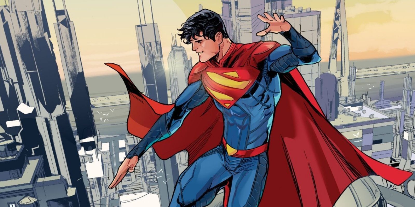 Jon Kent as Superman flying above the city of Metropolis