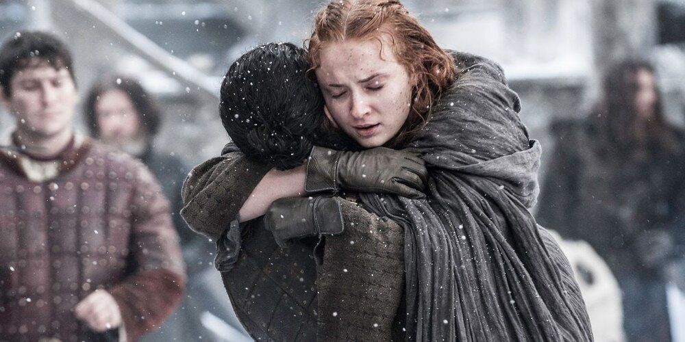 Jon and Sanda embrace as they reunite in Game of Thrones