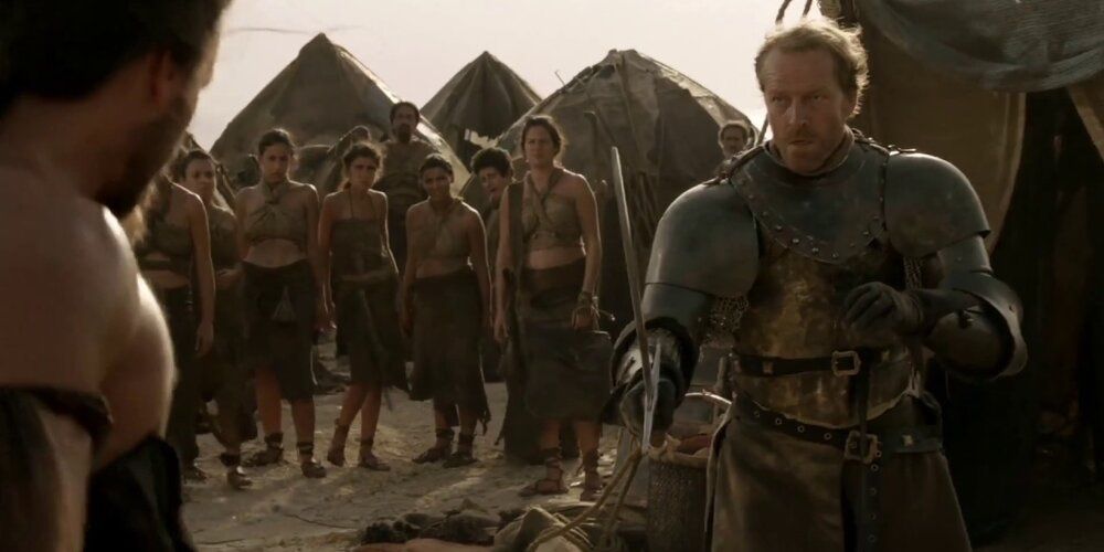 Jorah Mormont duels Qotho the Dothraki Bloodrider to protect Daenerys in Game of Thrones