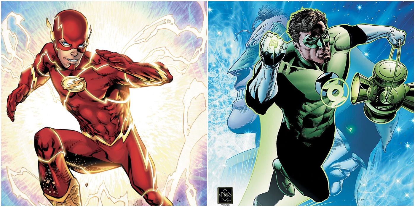 split image of Barry Allen's Flash and Hal Jordan's Green Lantern