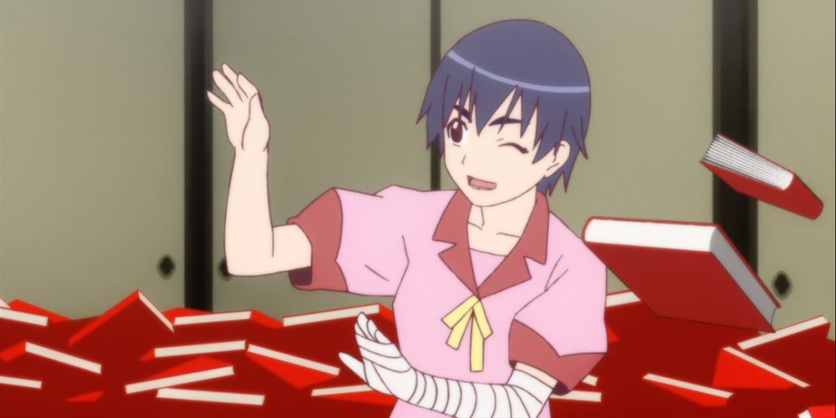 Kanbaru Suruga with books from Monogatari