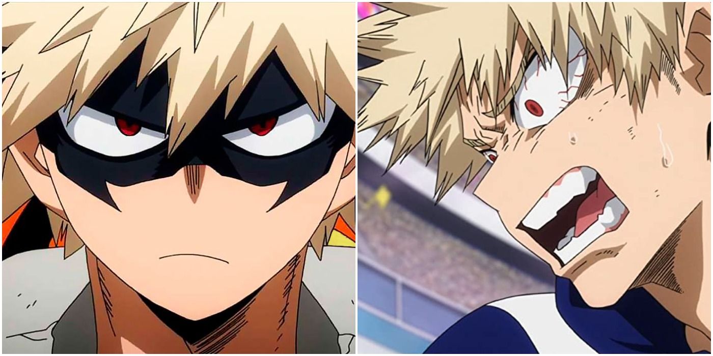 Bakugo in hero outfit (left); Bakugo yelling in school tournament (right)