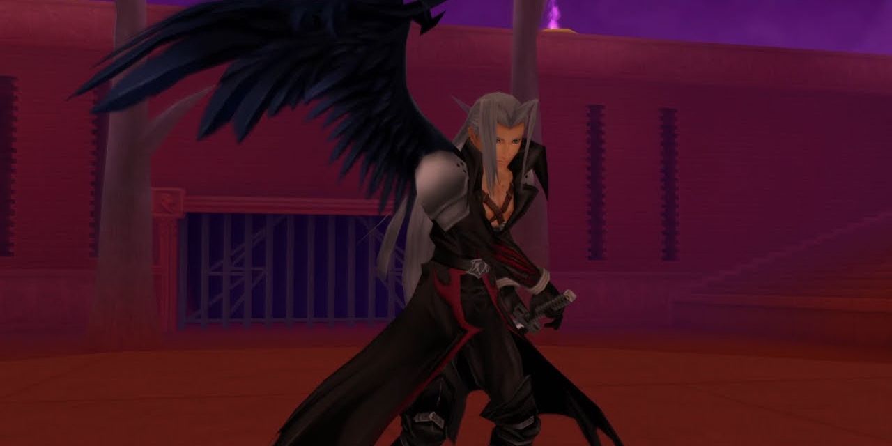 Sephiroth prepares to draw his sword in Olympus Coliseum in the first Kingdom Hearts game.