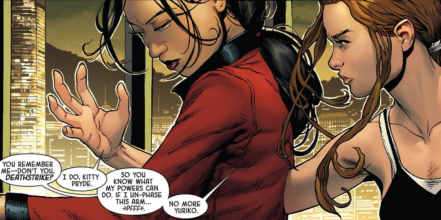 Kitty Pryde passando o braço por Lady Deathstrike em Death of Wolverine #3