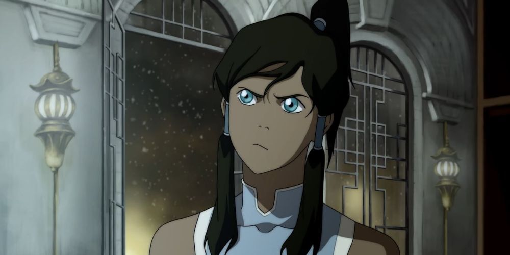 Korra in Tarrlok's Office, Looking Angry, while Snow Falls Through a Window in the Background