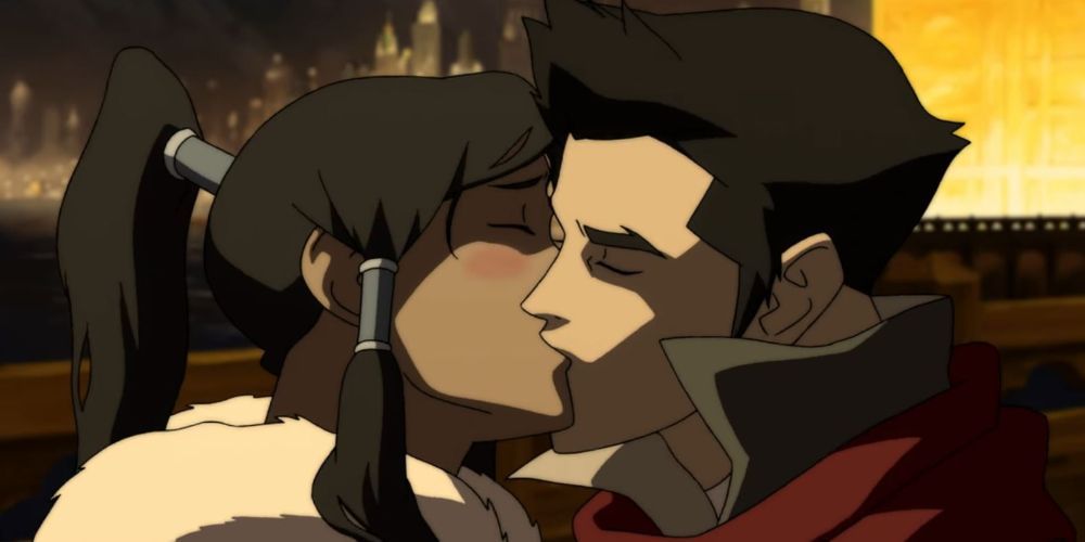Korra &amp; Mako Kiss on a Rooftop at Night, with the City in the Background