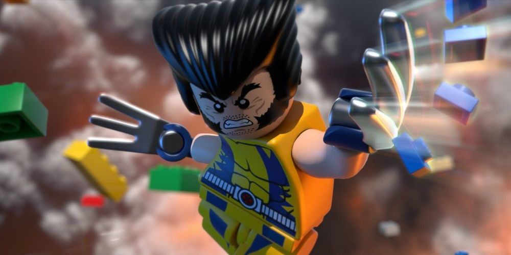 Lego Wolverine jumping towards the camera with bricks flying