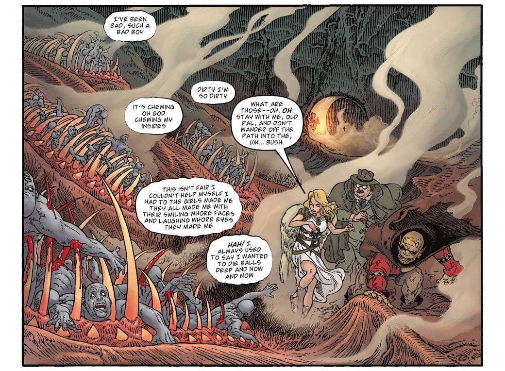 Etrigan guides Mary Locke and Gilbert through Hell in Locke &amp; Key/Sandman Universe: Hell &amp; Gone #2 