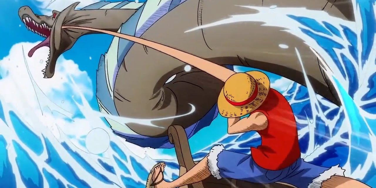 Luffy uses Gomu Gomu no Mi on sea monster that ate Shanks' arm - One Piece