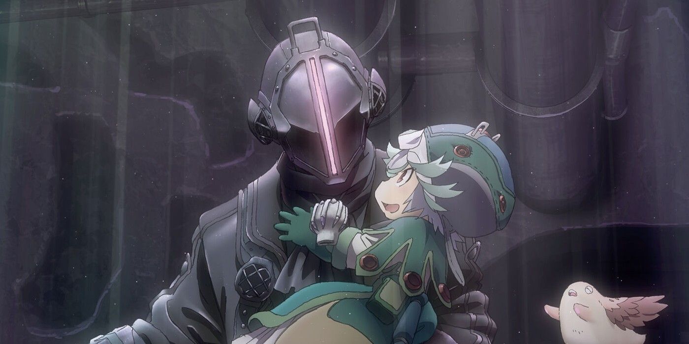 Movie poster for Made in Abyss: Dawn of the Deep Soul; a helmeted figure holds a child.