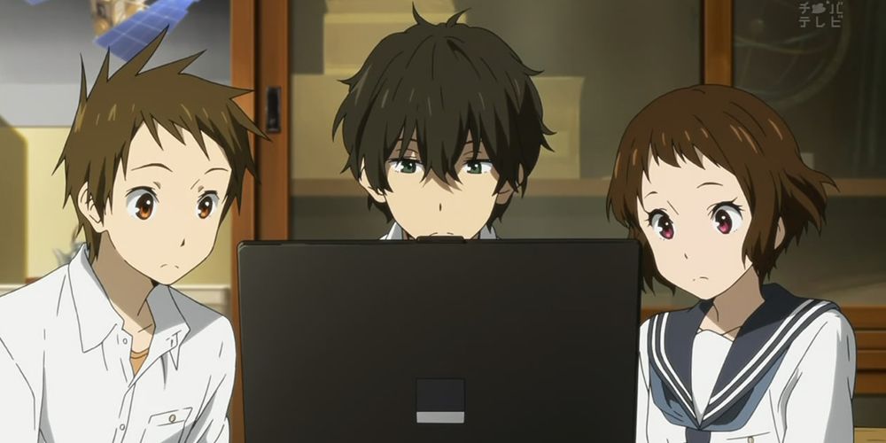 Oreki and the cast of Hyouka watch a computer screen