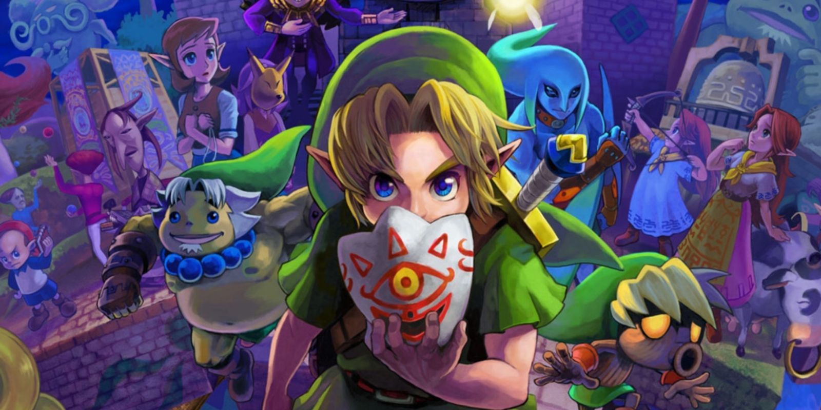 The key art for The Legend of Zelda: Majora's Mask With Young Link Holding A Mask Along With His Goron And Deku Transformations Next To Him