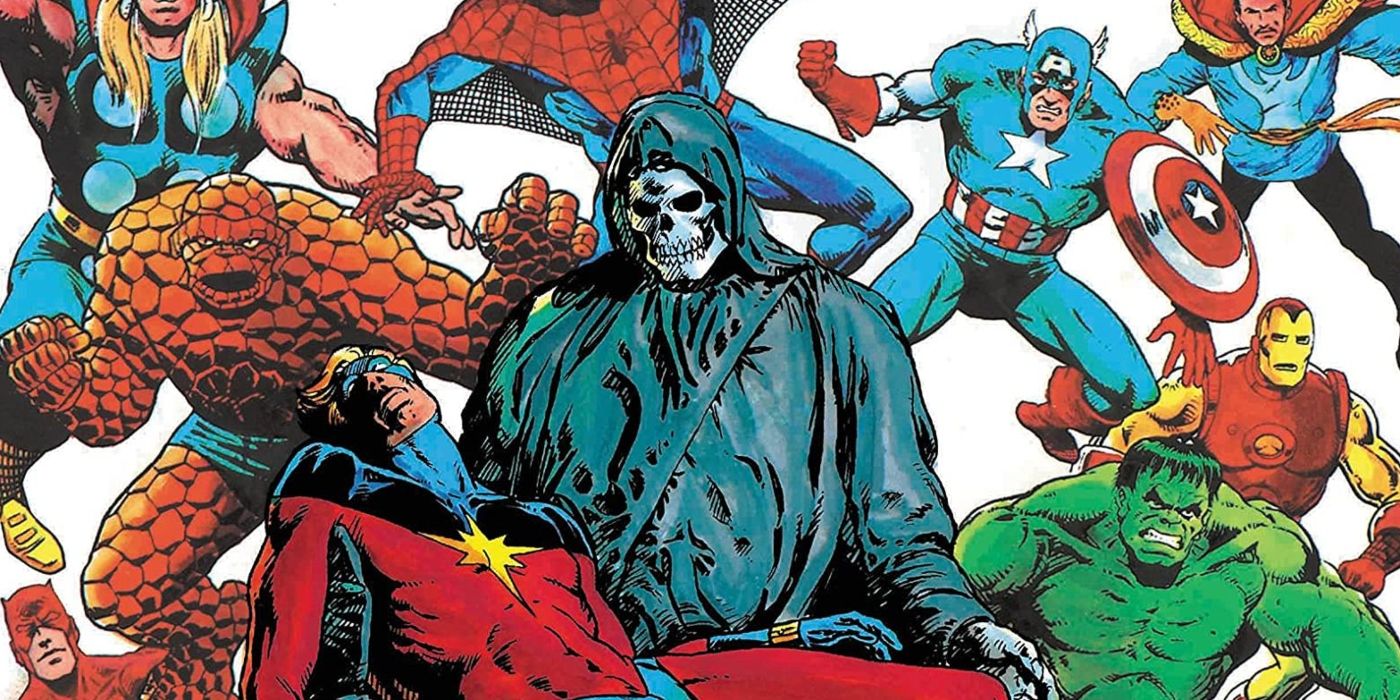 Death holding the body of Mar-Vell while other Marvel heroes race towards him in Marvel Comics