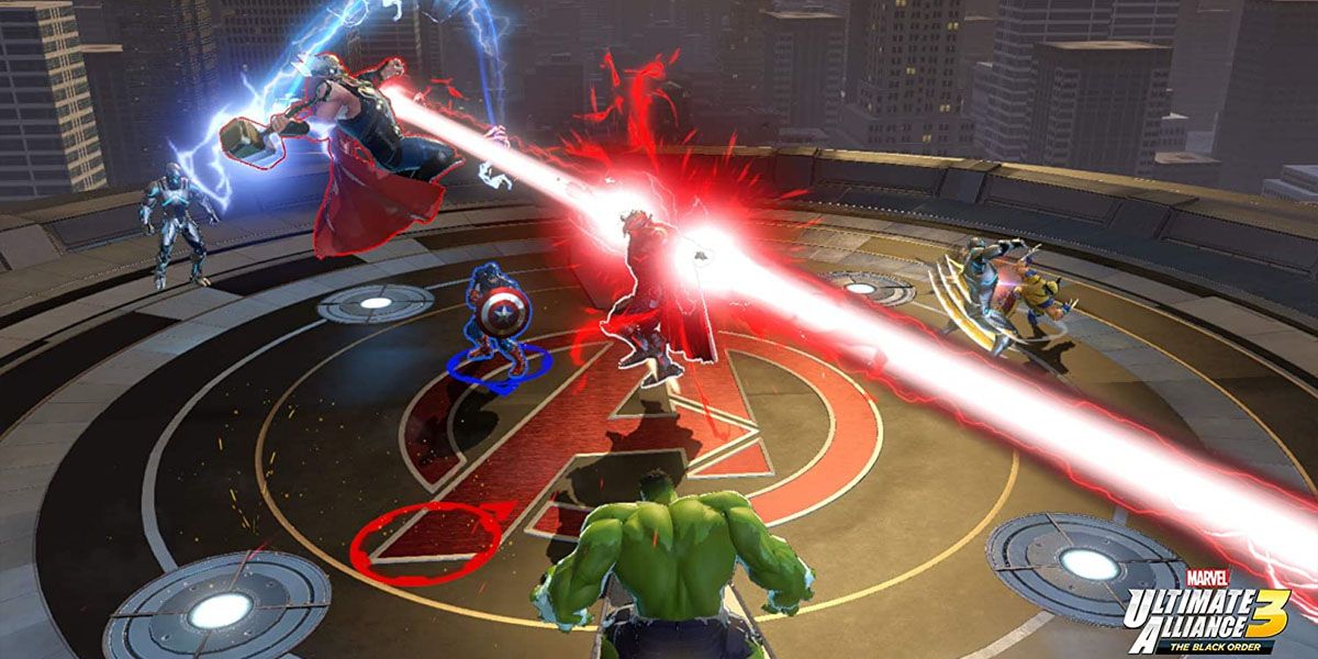 Hulk, Captain America, Thor, and Wolverine fighting Ultron in Marvel Ultimate Alliance 3