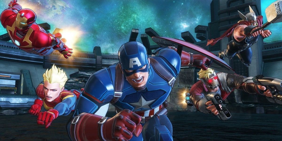 Iron Man, Captain Marvel, Captain America, Star-Lord, and Thor in Marvel Ultimate Alliance 3