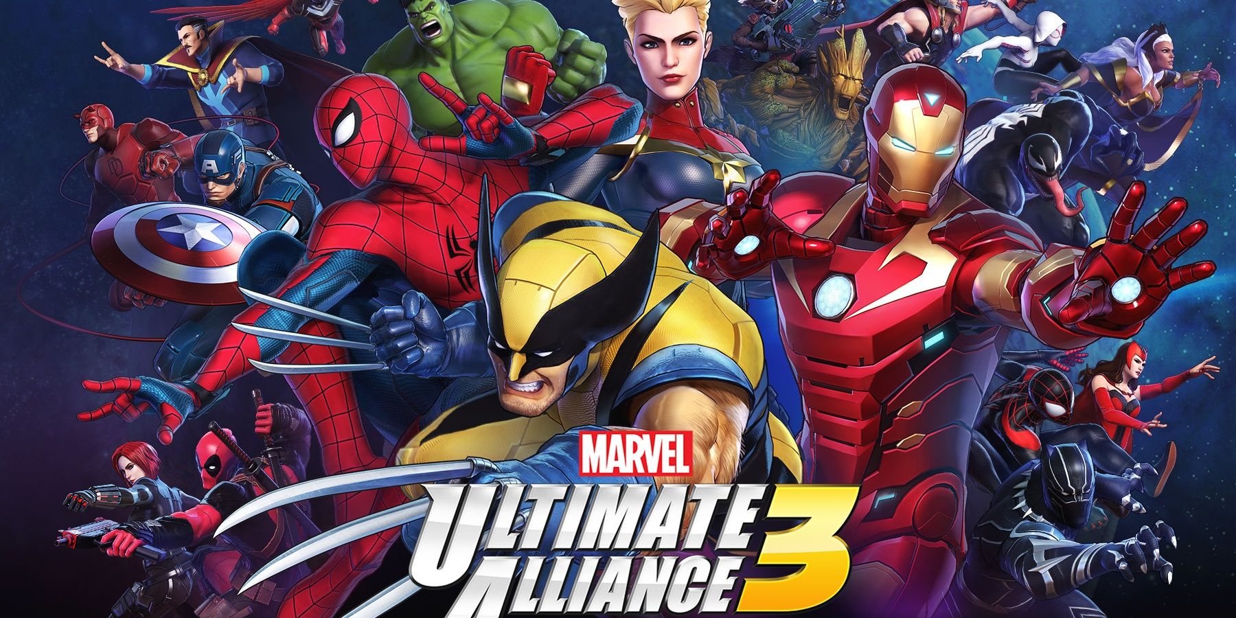 Marvel Ultimate Alliance 3 The Black Order logo with wolverine spiderman captain marvel and iron man