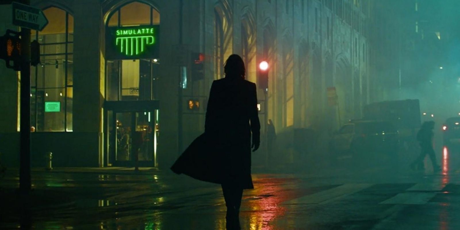 Neo walking in the rain in Matrix Resurrections