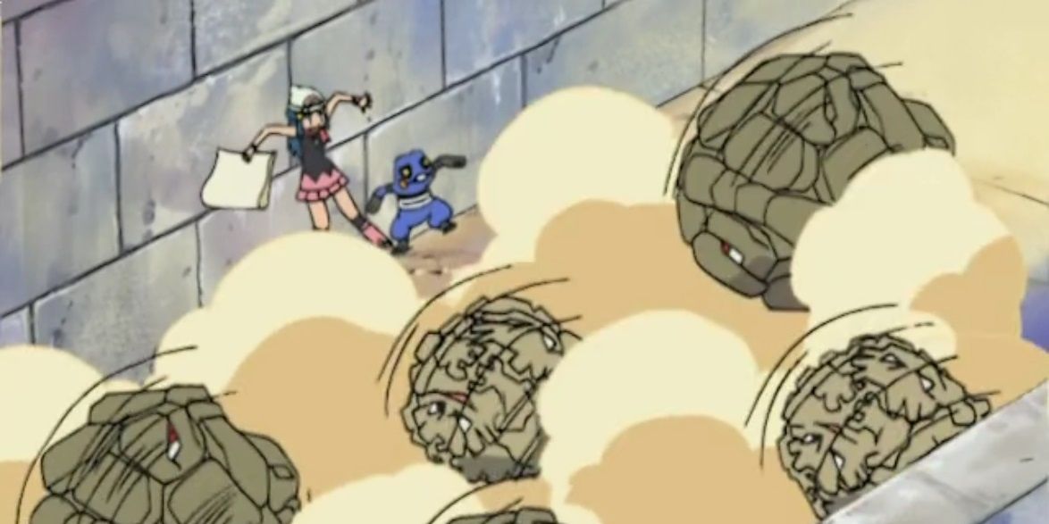 Dawn and Croagunk in the Sinnoh maze being attacked by rolling Graveler