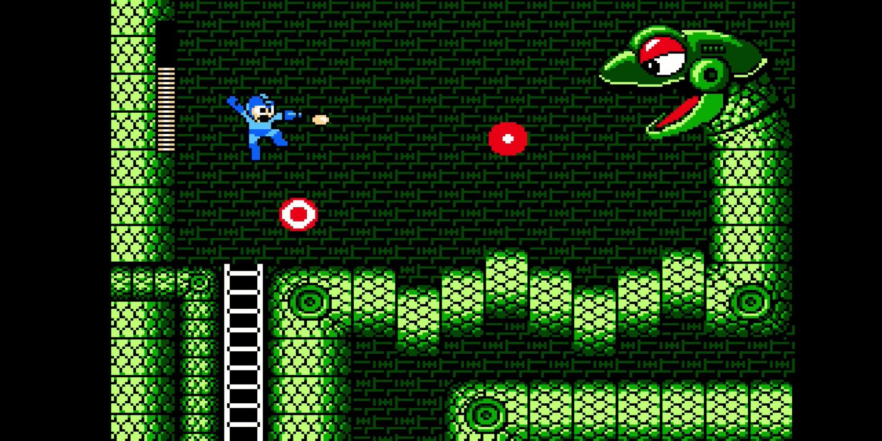 Megaman shooting bullets at a snake